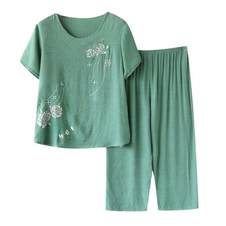 

Pajama Set for Women Soft Cotton Buttons down Short Sleeve Shirts Wide Leg Pants Matching Sets Summer Casual Linen Sets (X-Large Green7)