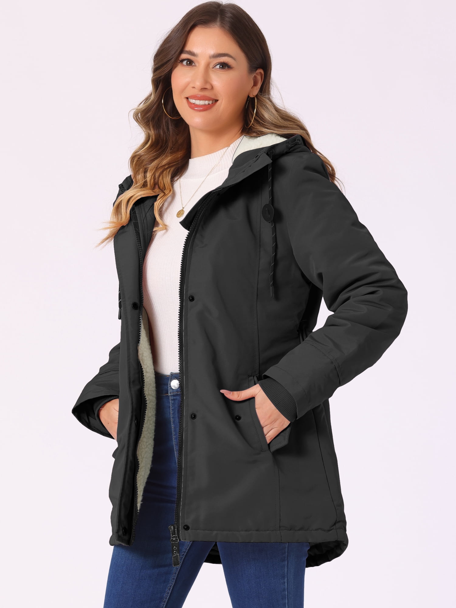DARING DIVA Women's Winter Coat with Faux Fur Hood and Multiple Pockets M Black