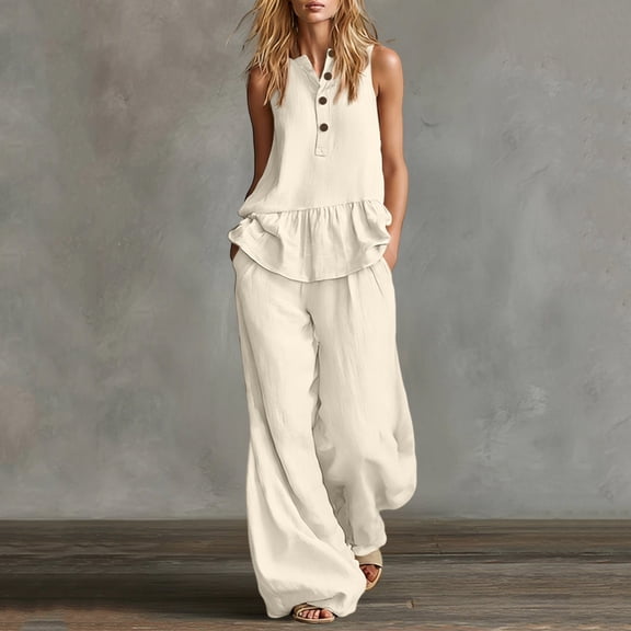 ClodeEU Women's Linen Blend 2 Piece Outfit,Sleeveless Henley Ruffle Top and Wide Leg Pants Set Beige,Women's Plus L