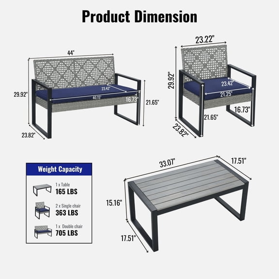 Efoee 4 Pieces Patio Conversation Set, Wicker Outdoor Furniture Set for 4, All Weather Outdoor Seating Set, Rattan Loveseat & Chairs with Cushions & Coffee Table，Brown and Navy Blue