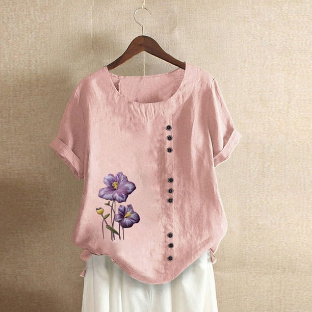 Fiudx Ropa de Mujer Blusa Informal y de Lino con Botones y Manga Corta Estampada para Mujer