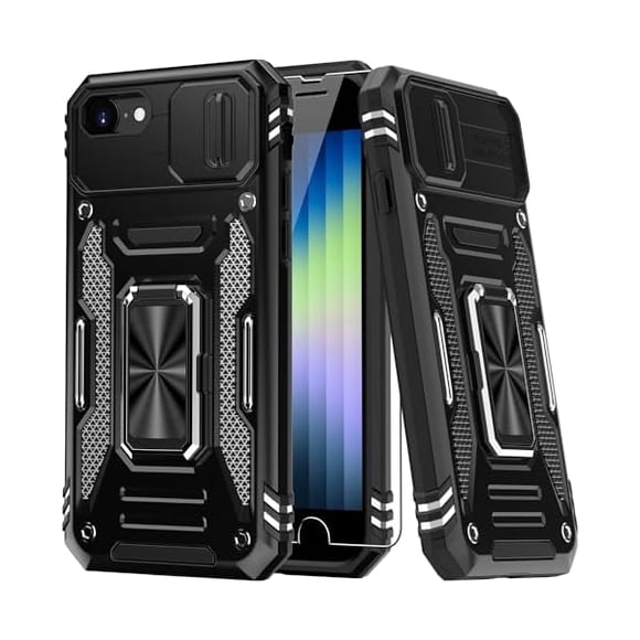 xixishop for iPhone SE 2022 Case/iPhone SE 2020 Case/iPhone 8 Case/iPhone 7 Case with Screen Protector,Sliding Camera Protection,Military-Grade Phone Cover with Magnetic Stand 4.7" Black