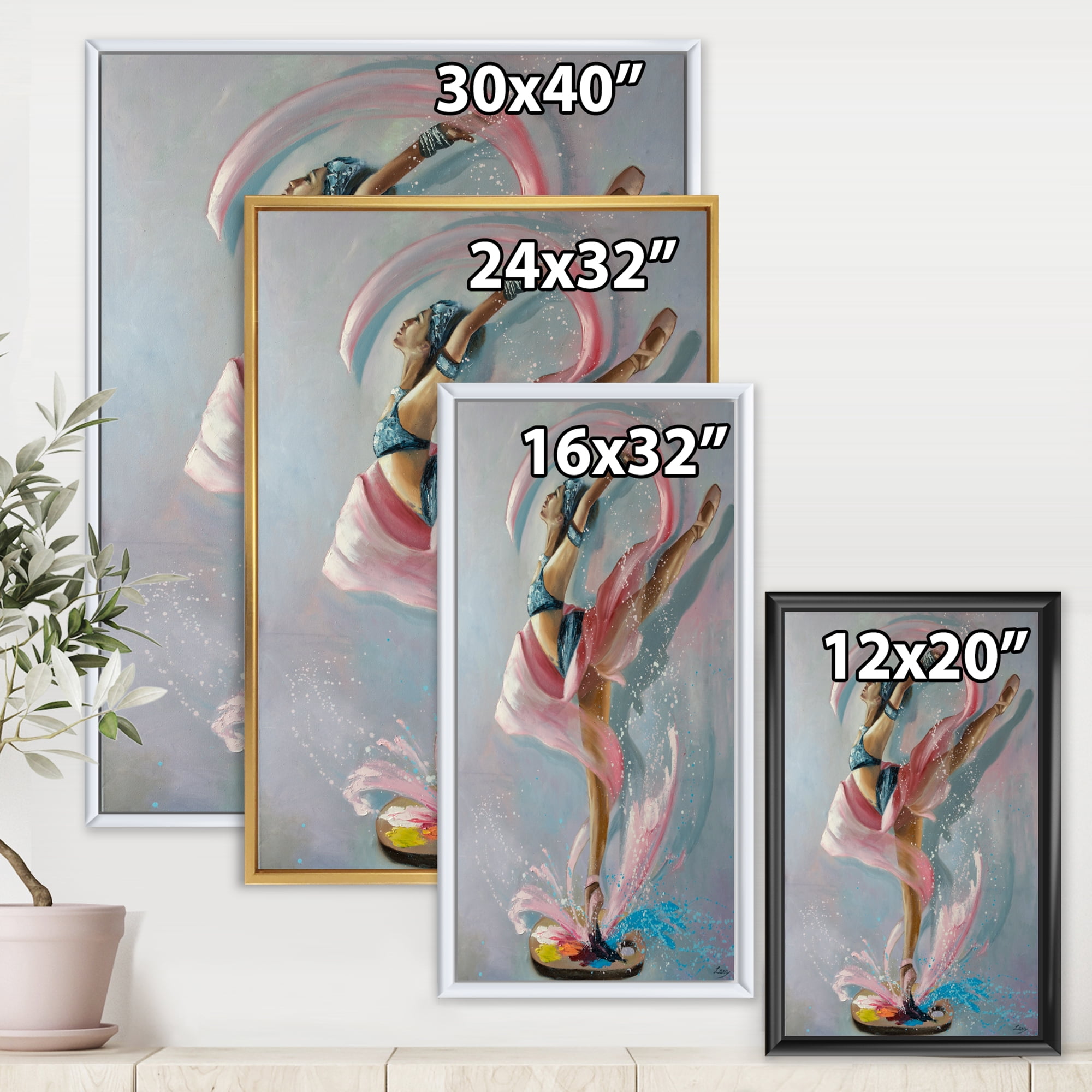 Designart 'Graciously Dancing Girl In Pink Drapes' Traditional Framed Canvas Wall Art Print