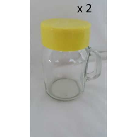 (2) Yellow Mini Mason Glass Jar Spice or Salt and Pepper dispenser - Jar w/handle and Lid. Color and Package Choices