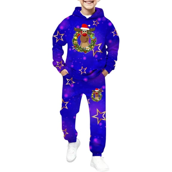 Christmas Boys Themed Print Hoodie and Jogger Pants Outfit 2 Piece Warm Loungewear for Holiday Toddler and Youth
