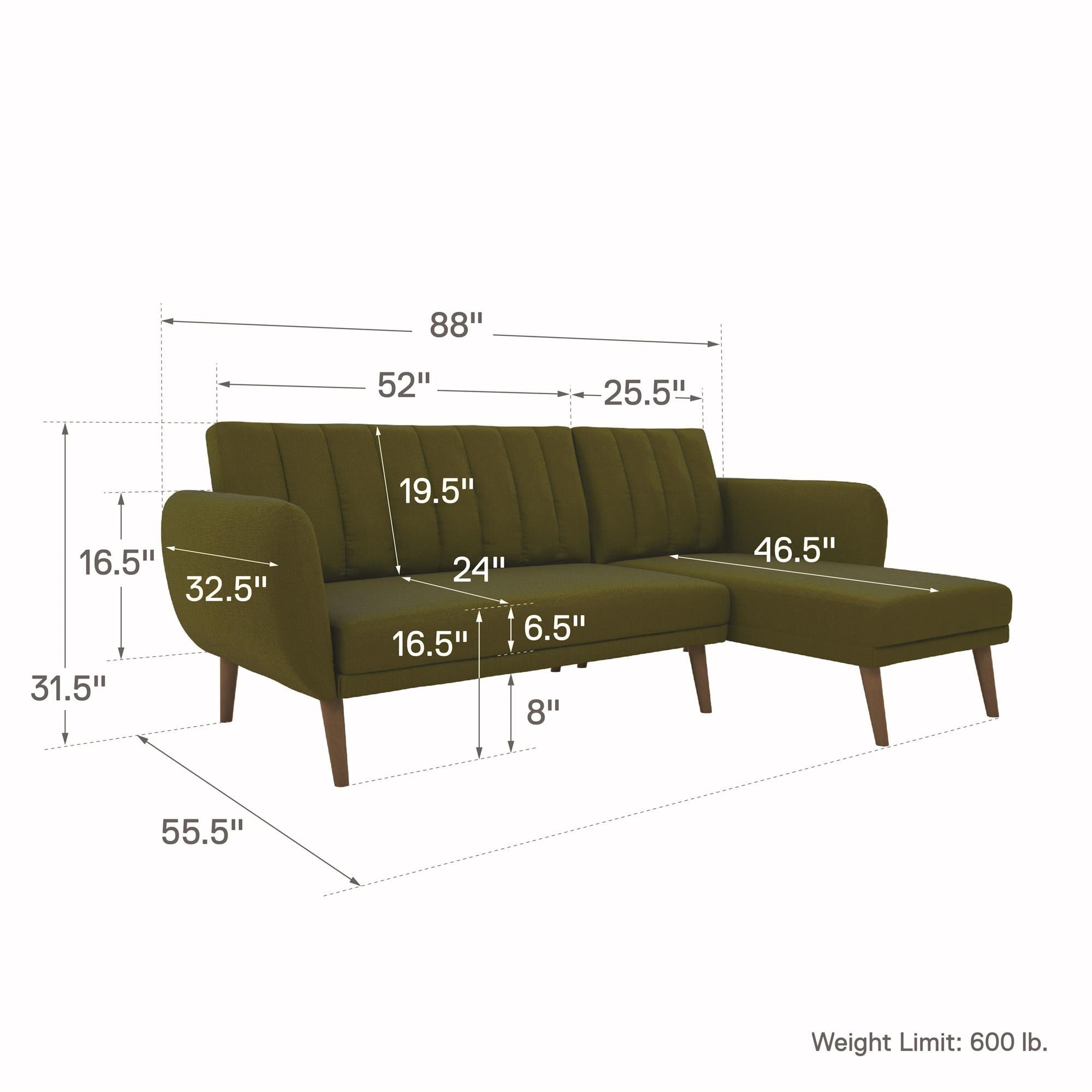 Novogratz Brittany Sectional Futon Sofa, Green Linen