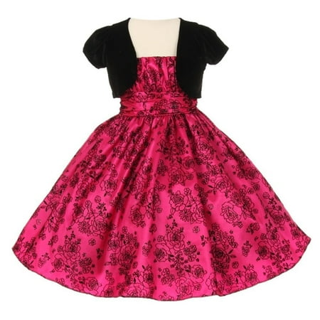 - Girls Fuchsia Black Taffeta Velvet Flocked Bolero Christmas Dress 14