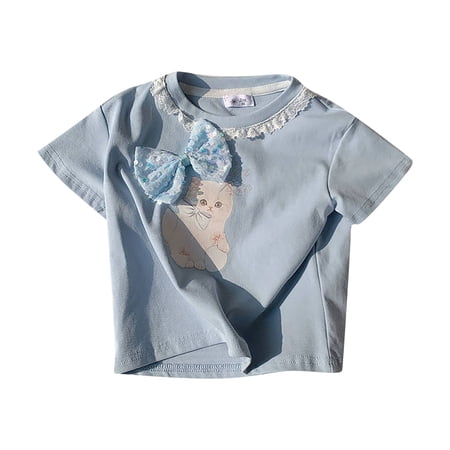 lnmuld Girls Korean Style Cute Cat Print Short Sleeve Blouse Delicate Lace Collar & Bow Tie Detail Summer Top Color:Light Blue Size:9-10 Years