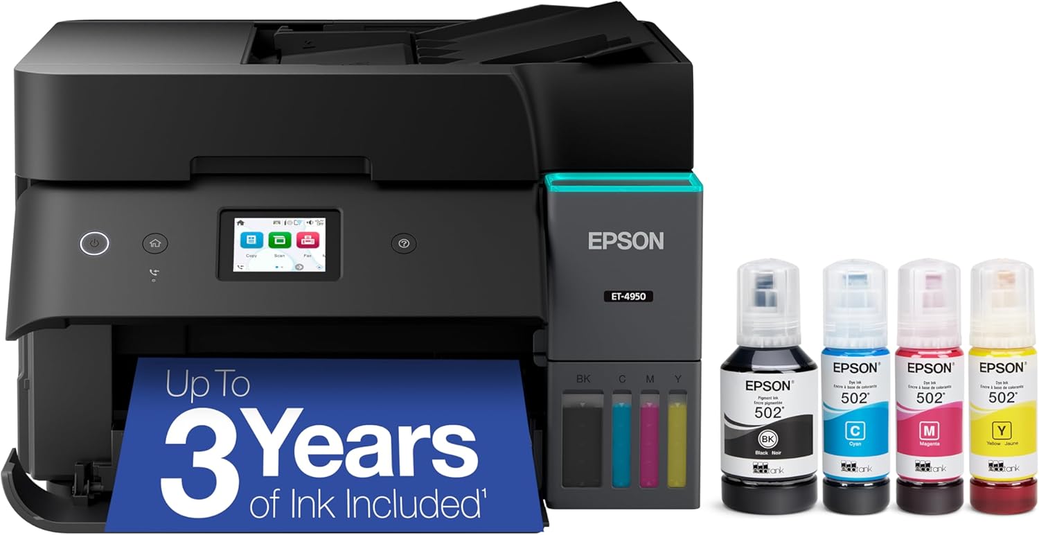 Epson EcoTank ET-4950 Wireless All-in-One Color Supertank Printer, 18 PPM, 2.4" Colorful Touchscreen, Auto Document Feeder - Black (Sold without manufacturer warranty)