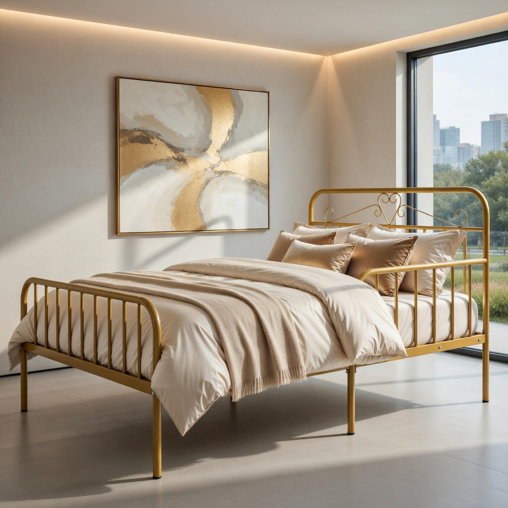 Yardi Yarda Twin Size Bed Frame with Headboard and Safety Side Guardrails, Simple Bed Frame for Indoor, Gold
