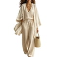 thumbnail image 2 of WULMLEO Womens 3 Piece Sets Linen Fall V Neck Tank Tops Wide Long Sleeve Cardigan Wide Leg Palazzo Pants Outfits 2026 Casual Lightweight Tracksuit Stretch Suits Khaki S, 2 of 6