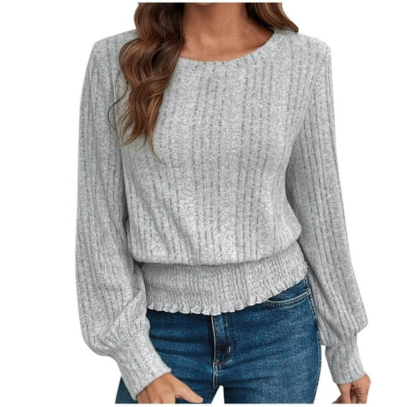 Scyoekwg Womens Tops Long Sleeve Crew Neck Elegant Shirts Solid Color Loose Fall Tops Lightweight Women Blouses Dressy Casual Blouses Trendy Pullover (Gray,S)