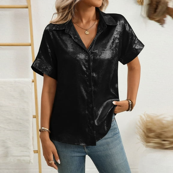 Aobny Sparkly Classy Tops for Women Black Metallic Shirt Short Sleeve V-Neck Tops for Women Trendy Summer,XL
