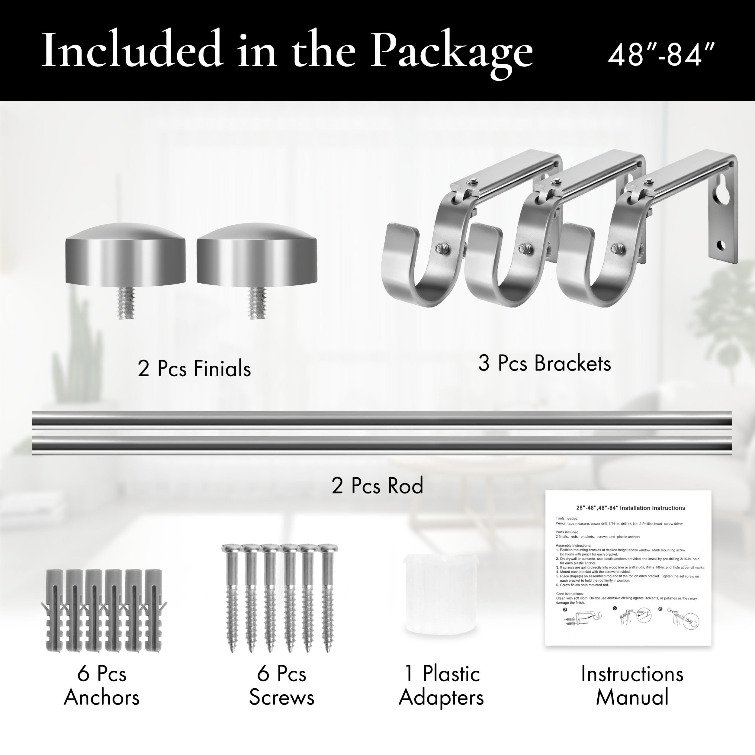 Meriville 1-Inch Diameter End Cap Single Window Treatment Curtain Rod, 48-Inch to 84-Inch, Satin Nickel