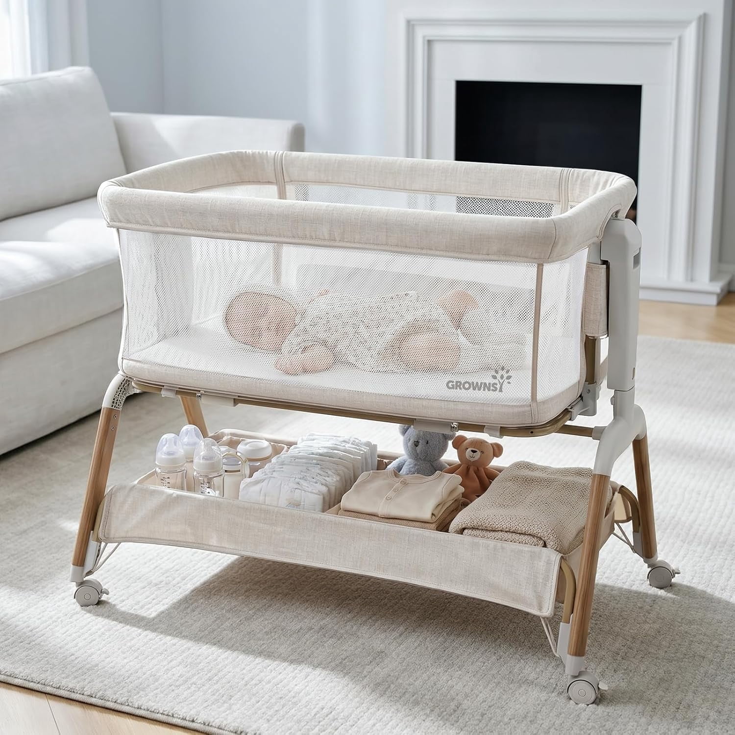 GROWNSY Baby Bassinet Bedside Sleeper with Gentle Rocking Mode, 6 Adjustable Heights, Full Breathable Mesh, Convertible to Portable Crib, Bassinets with Mattress & Wheels, Beige