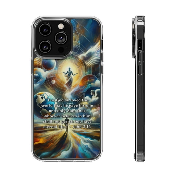 DistinctInk Hybrid (Acrylic / TPU) Clear Slim Fit Case for Apple iPhone 15 PLUS (6.7" Screen) - "The Gift of Eternal Life: John 3:16"