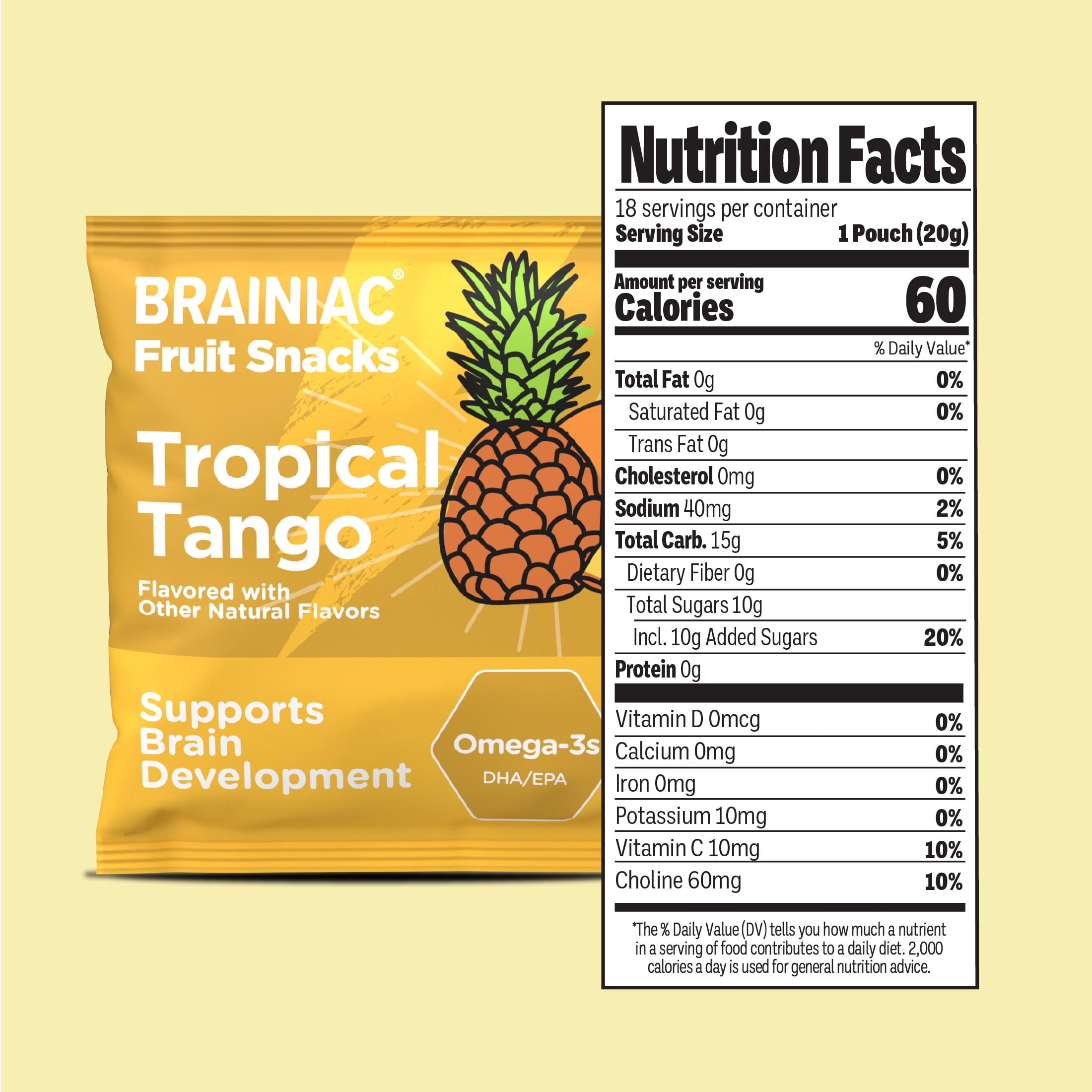 Brainiac Fruit Snacks with BrainPack, Tropical Flavor, 72 count