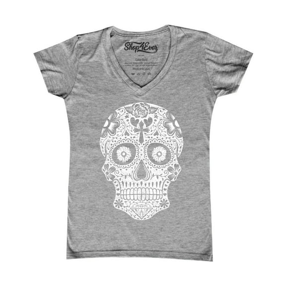 Shop4Ever Women's Day of the Dead White Skull Slim Fit V-Neck T-Shirt Large Sports Grey