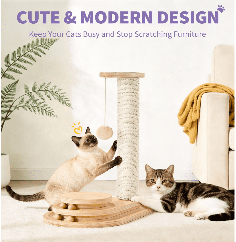 Cat Scratching Post Cat Scratcher Kitten Toys for Indoor Cats Wooden Ball Track Two-Layer Modern Sisal 17.7" Tall Scratch Post Interactive Toy with Dangling Ball
