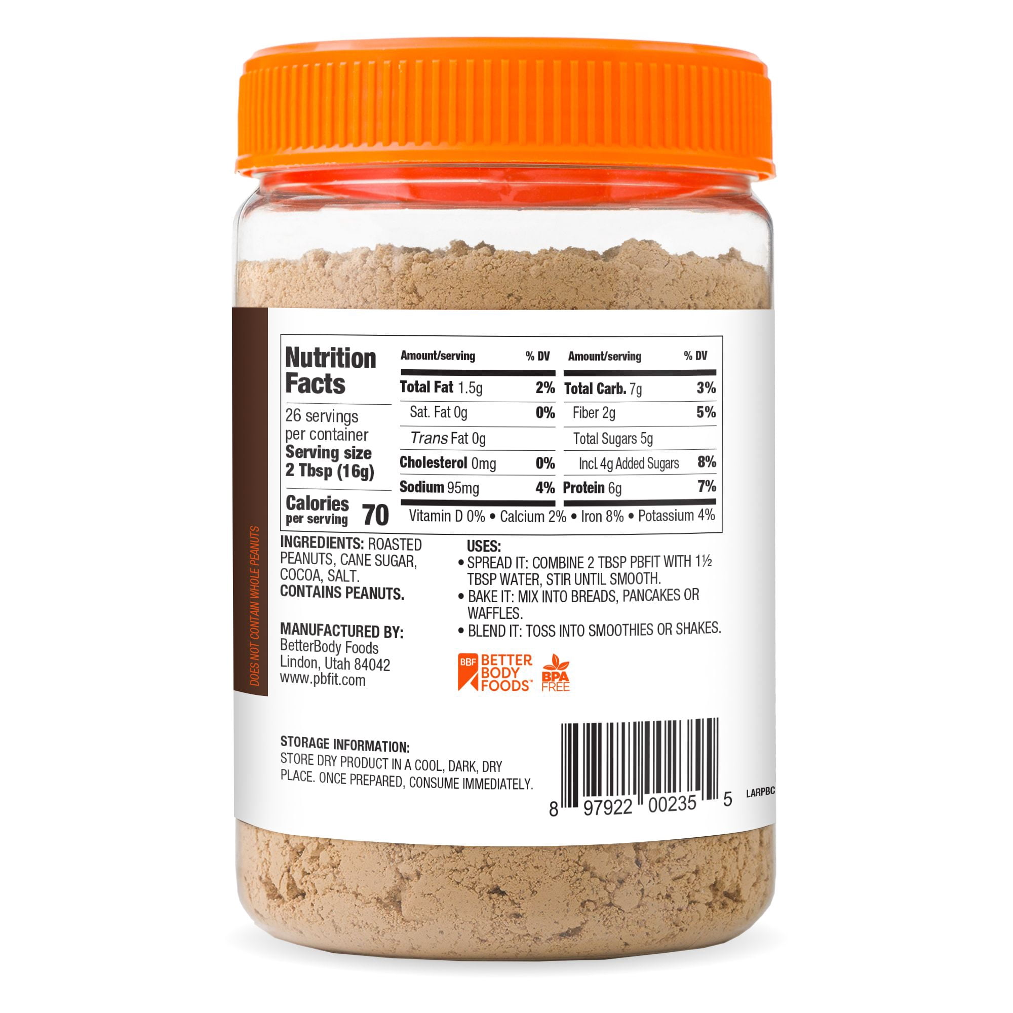 PBfit Peanut Butter Powder Chocolate Flavor, Cocoa Roasted Peanut Powder, 15 oz