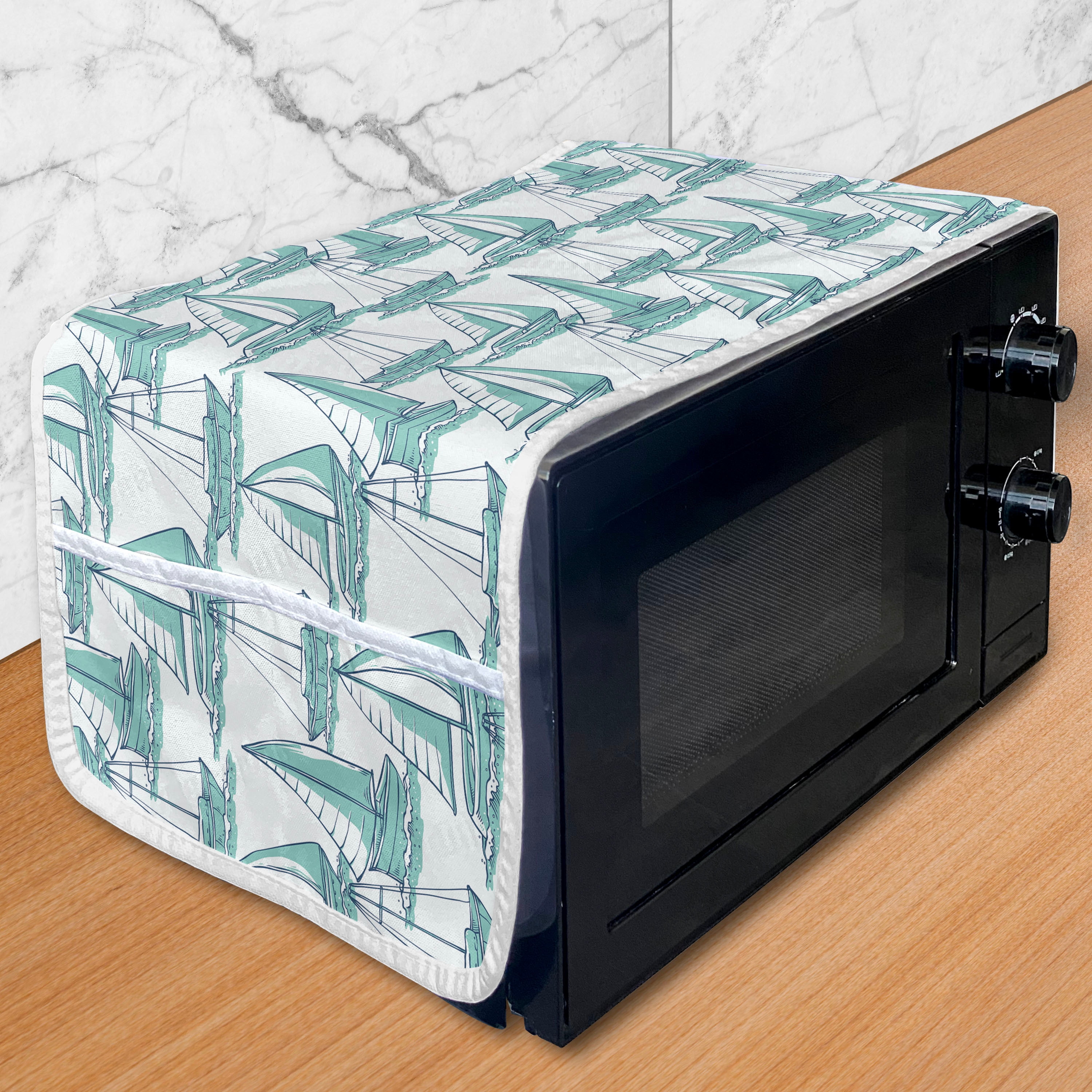 Marine Microwave Oven Cover, Continuous Nautical Themed Pattern of