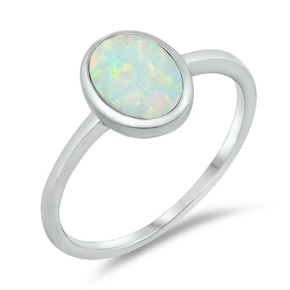 White Simulated Opal Oval Center Ring Sterling Silver Size 10
