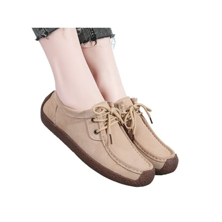 

SIMANLAN Womens Flats Lace Up Loafers Shoes Comfy Casual Shoes Ladies Lightweight Boat Shoes Non-slip Beige 9