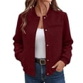 thumbnail image 2 of IUYRTFE Women's Stand Collar Snap Button Bomber Jacket Long Sleeve Casual Winter Coat with Pockets, 2 of 6