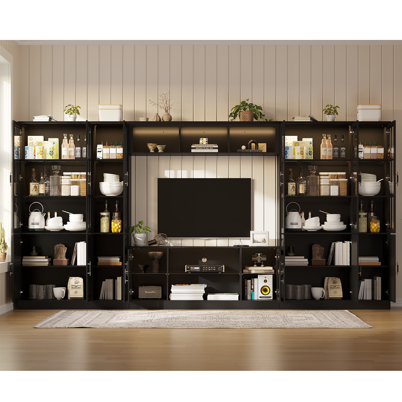 MEISSALIVVE 4-Piece Wall Unit TV Stand with Storage & LED Lights for TVs up to 75", Modern Entertainment Center with Bookshelves & 6-Door Pantry Cabinet, Black