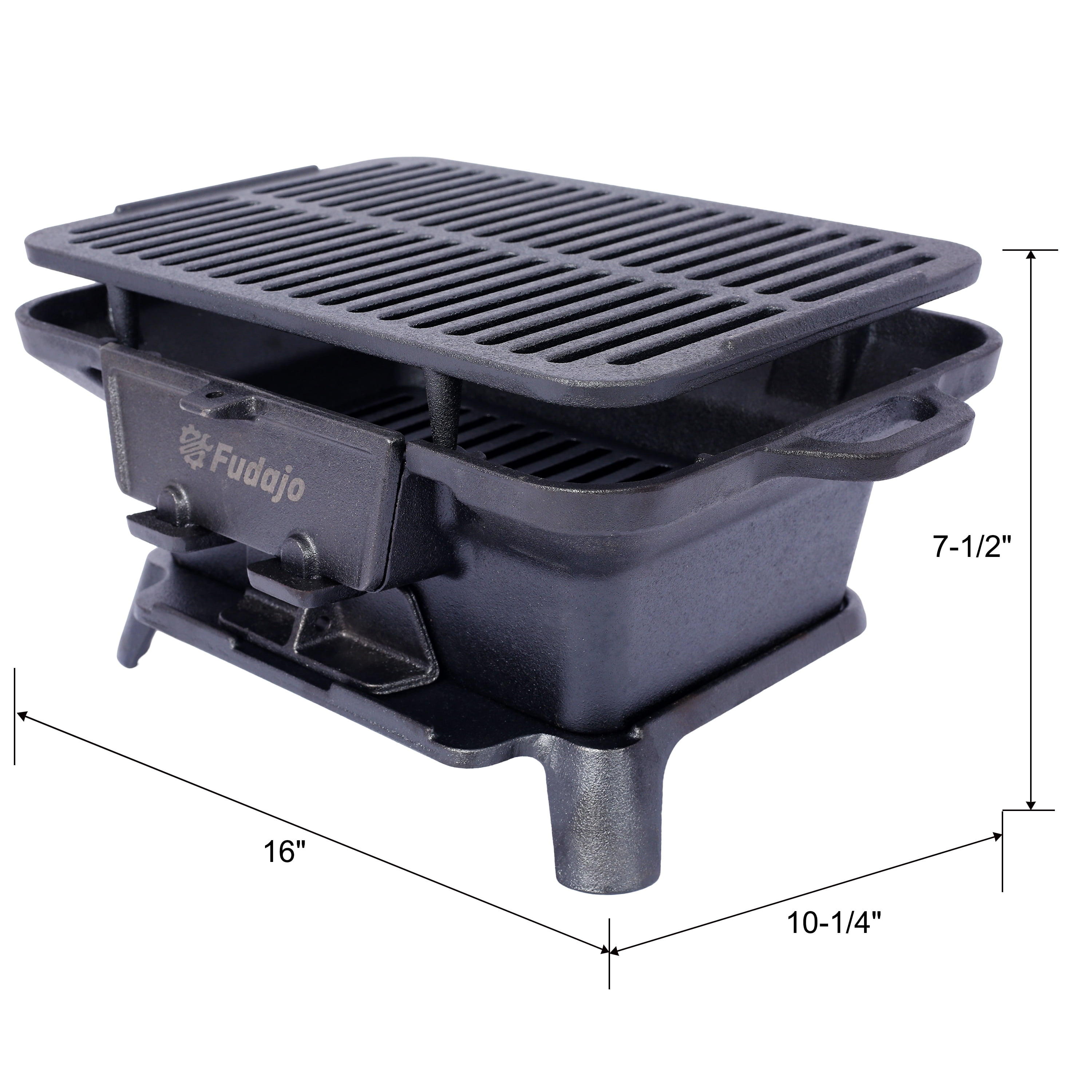 Cast Iron Hibachi Grill, Portable Charcoal Tabletop BBQ Grill with Skillet, Heavy Duty Compact Outdoor Grill for Camping, Picnic, Tailgating(Rectangle)