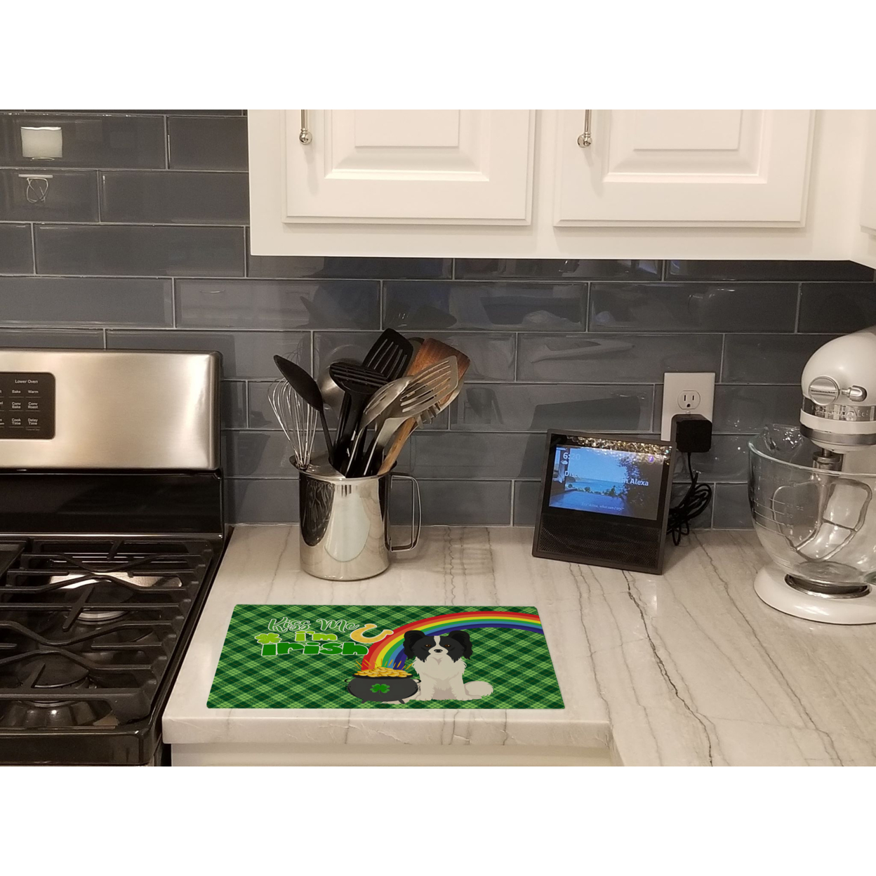 Black and White Papillon St. Patrick's Day Glass Cutting Board Large 12 in x 15 in