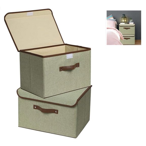 Topboutique Collapsible Storage Boxes 2 Pack, Linen Fabric Storage Baskets , with Lids and Leather Handle, Closet Organizers for Home Bedroom Closet Office, (Green, 15.0x9.8x9.8in)