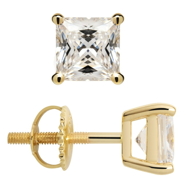 14K Solid Yellow Gold Stud Earrings | Princess Cut Cubic Zirconia | Screw Back Posts | 2.0 CTW | With Gift Box