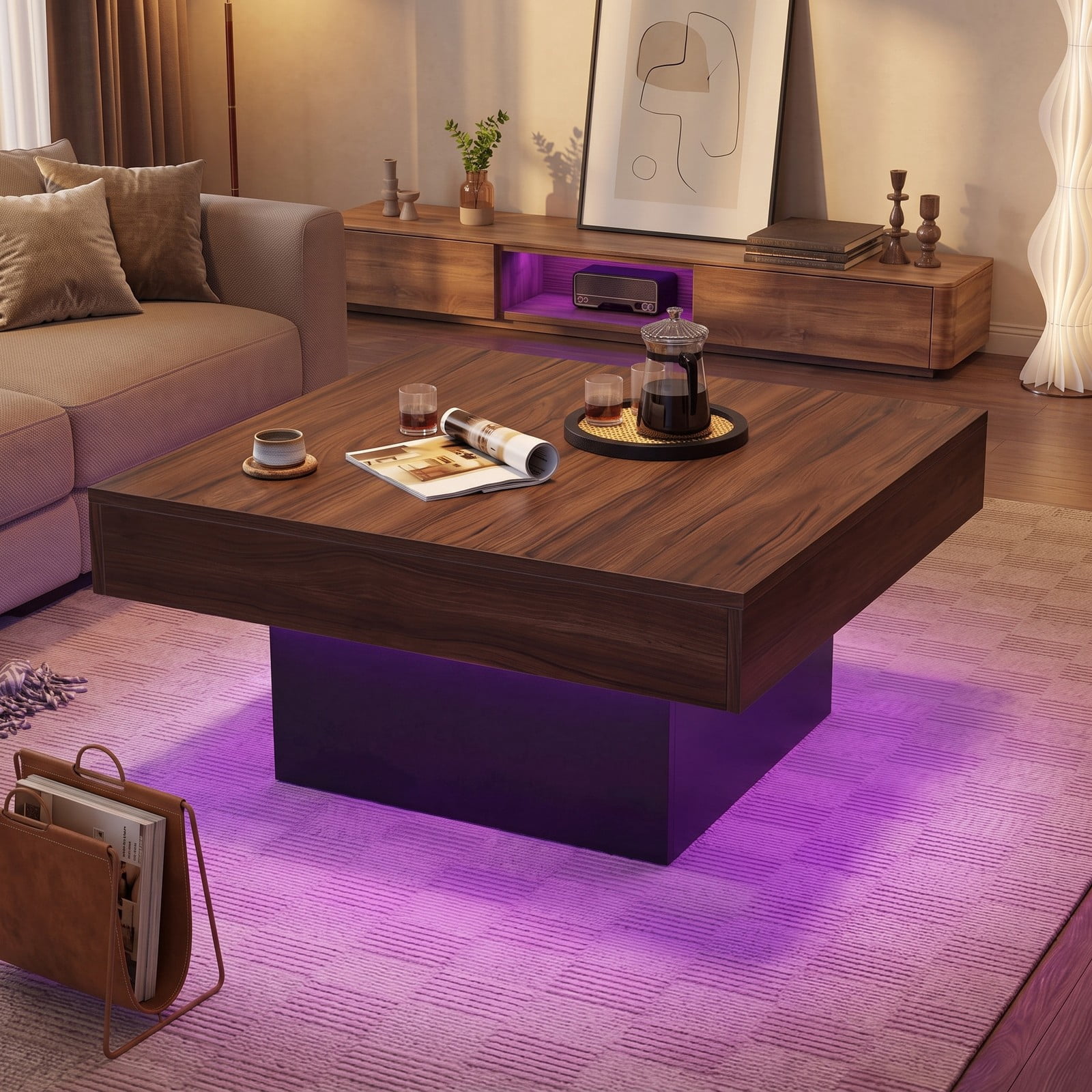Furnibear LED Coffee Table Square Accent Table with RGB Lights and 21 Dynamic Modes, Remote Control, Engineered Wood Center Table for Living Room, Rustic Brown & Black