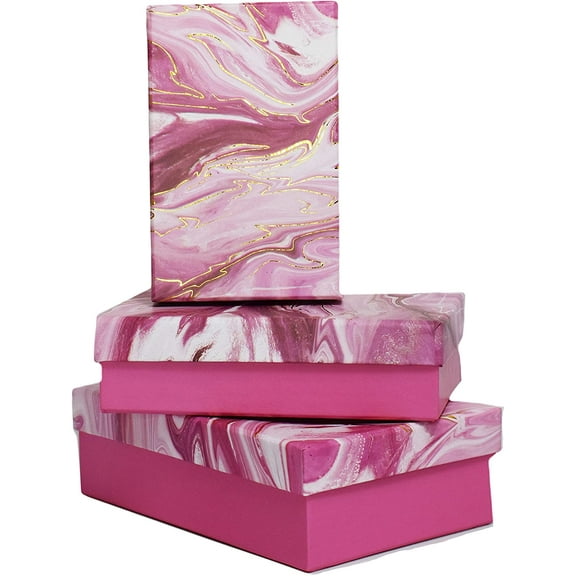 Alef Elegant Decorative Themed Nesting Gift Boxes -3 Boxes- Great for gifts for any occasion! (Sm Pink Marble Swirl)