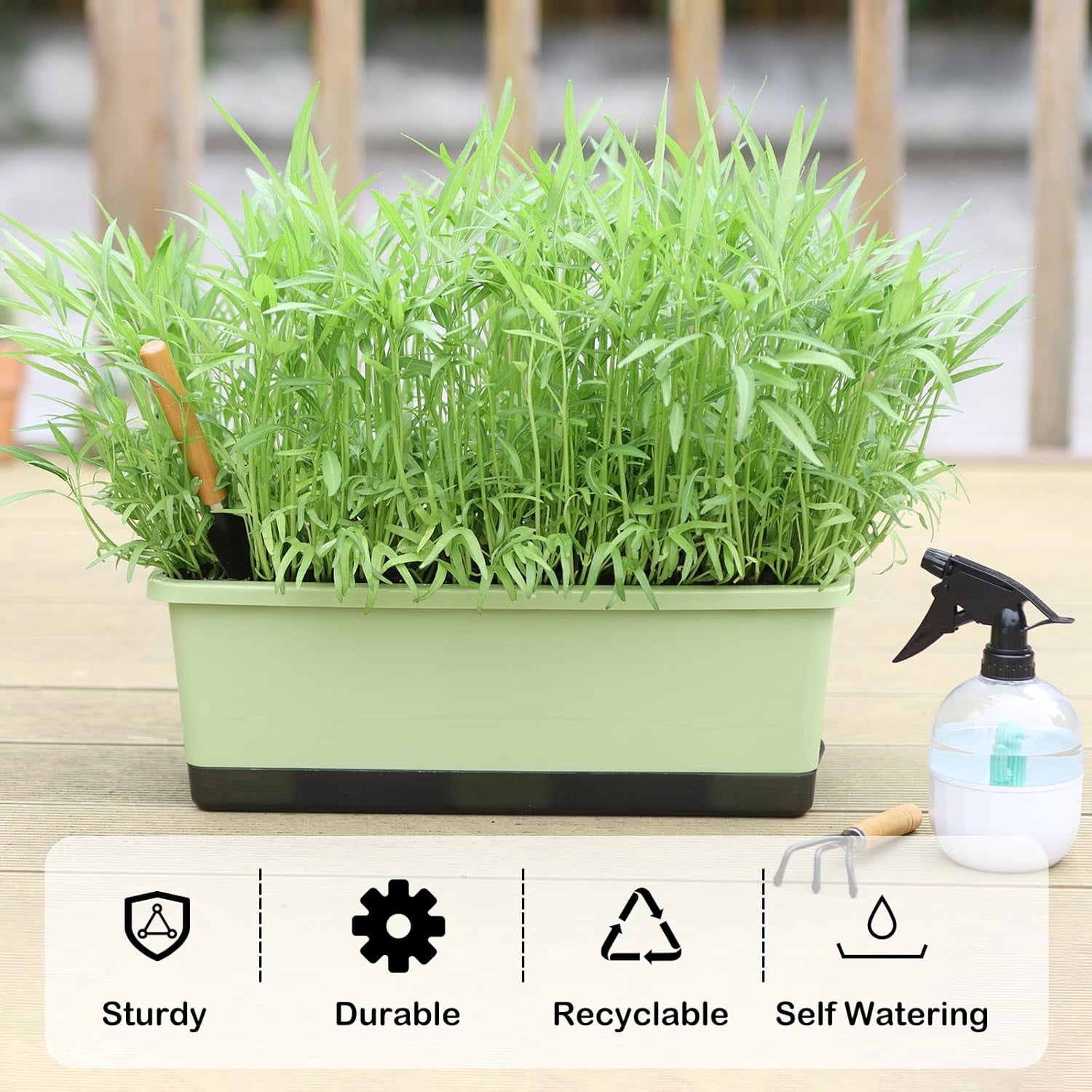 Window Box Planter 8 Pcs, 17 Inches Rectangle Flower Pots with Drainage Holes and Trays, Vegetable Planters for Windowsill Patio Garden Balcony Home Porch Yard Indoor Outdoor (Blue)