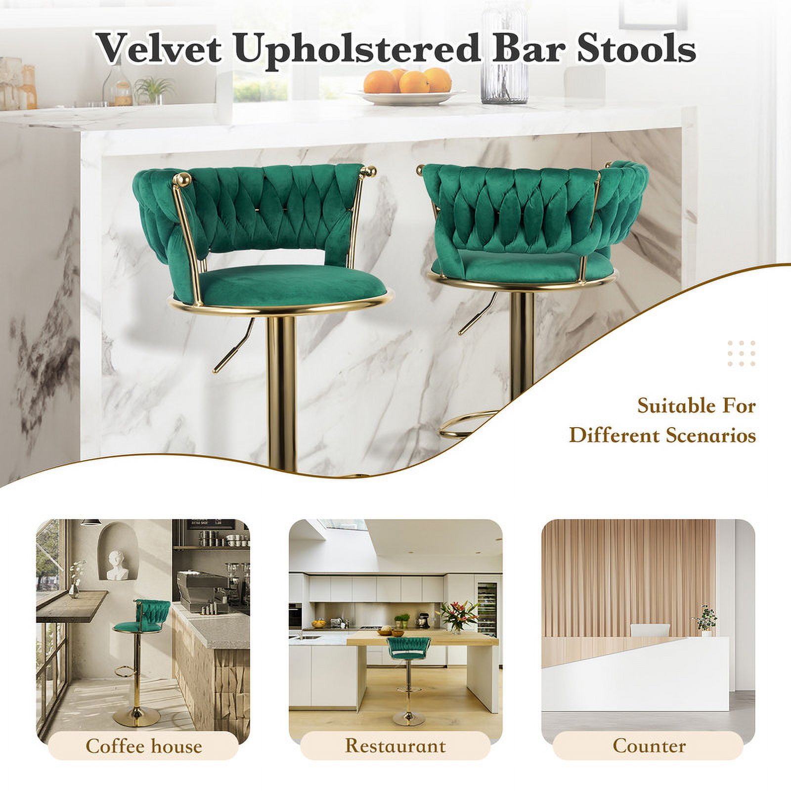 Hawsaiy Modern Velvet Bar Stool Set of 2 with Woven Back and Footrest for Kitchen, Bar, and Dining Spaces,Green