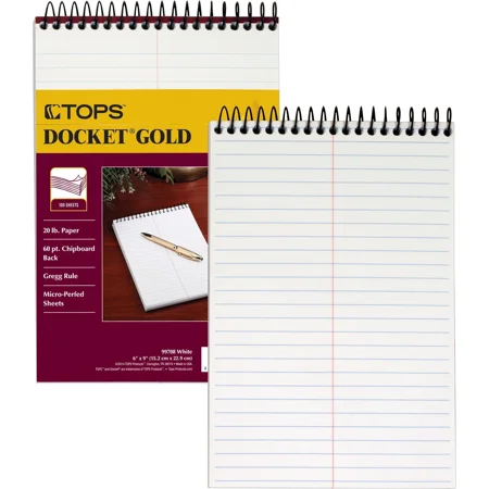 TOPS BUSINESS FORMS Docket Gold Spiral Steno Book Gregg Rule 6 x 9 White 100