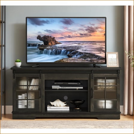 TV Furniture Minimalist Sliding Glass Door TV Stand with Storage, Up to 65'' TV | Charcoal Grey | MDF