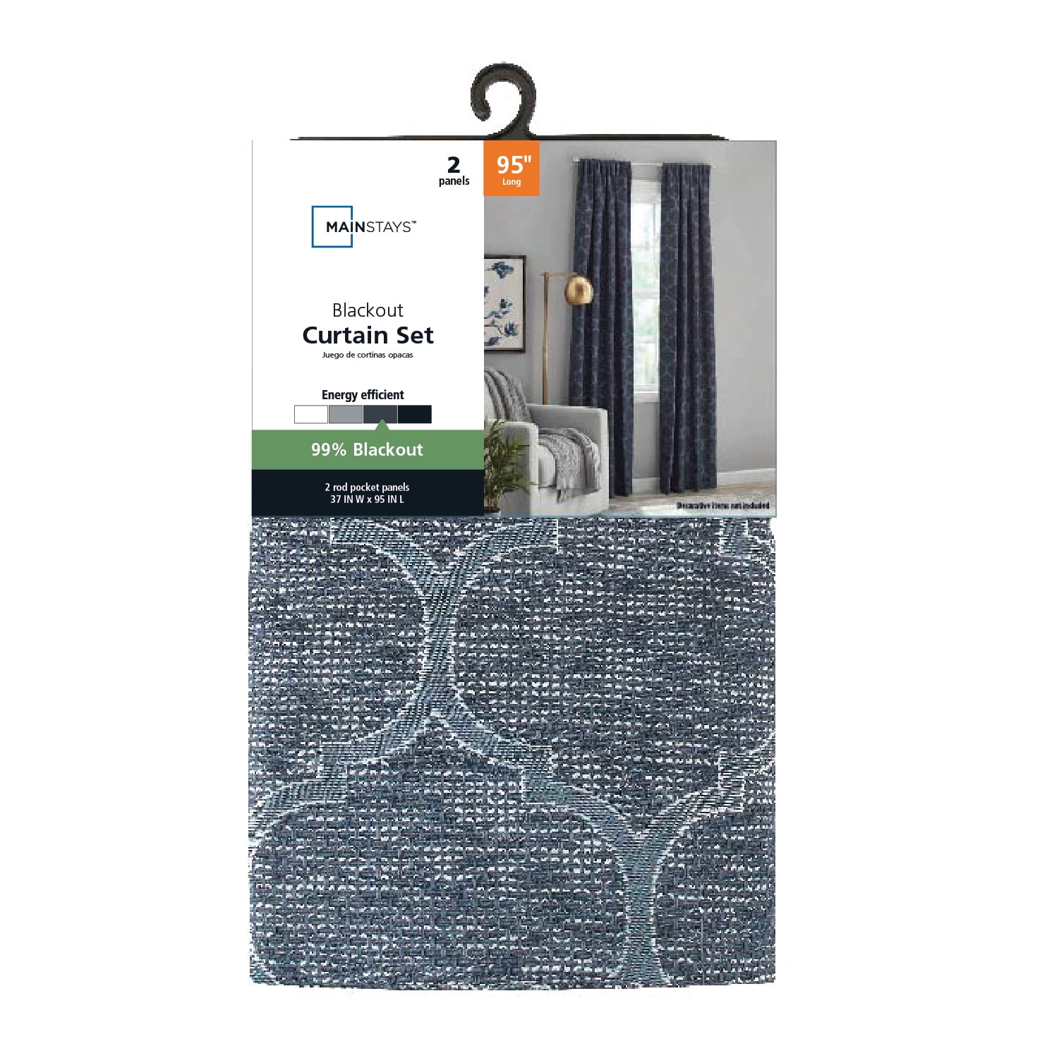 Mainstays Blackout Jacquard Curtain Panel Pair, Set of 2, Blue Ogee, 37 in W x 95 in L