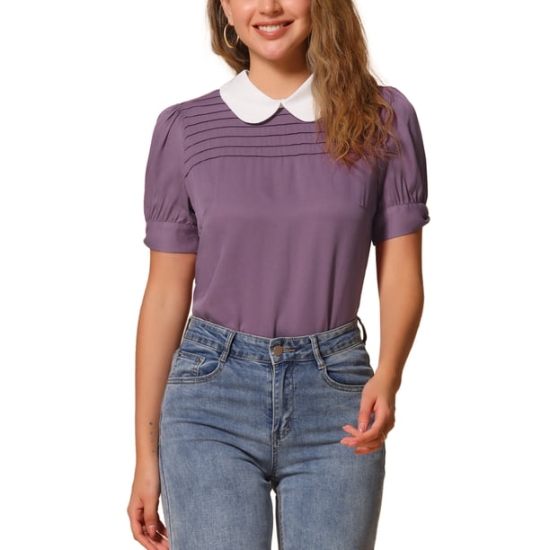 INSPIRAR CHIC Blusa de Mujer Vintage con Cuello Peter Pan, Manga Corta con Contraste, Talla L, Color Púrpura Taro