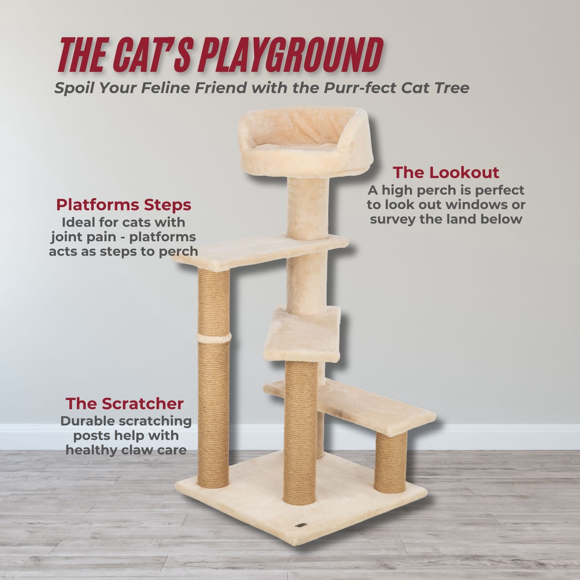 TRIXIE Tulia Senior Plush & Sisal 4-Level 40.2" Cat Tree, Scratching Posts & Bed, Beige