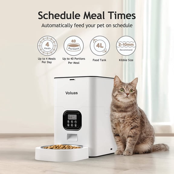 VOLUAS Automatic Cat Feeder with Voice Recorder and Timer for Cats and Dogs, 4L Large Capacity Dry Food Dispenser with Programmable Portion Control and LCD Display