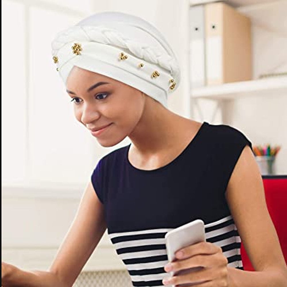 EIMELI African Women Turban Cap Beaded Headscarf Beanie Twisted