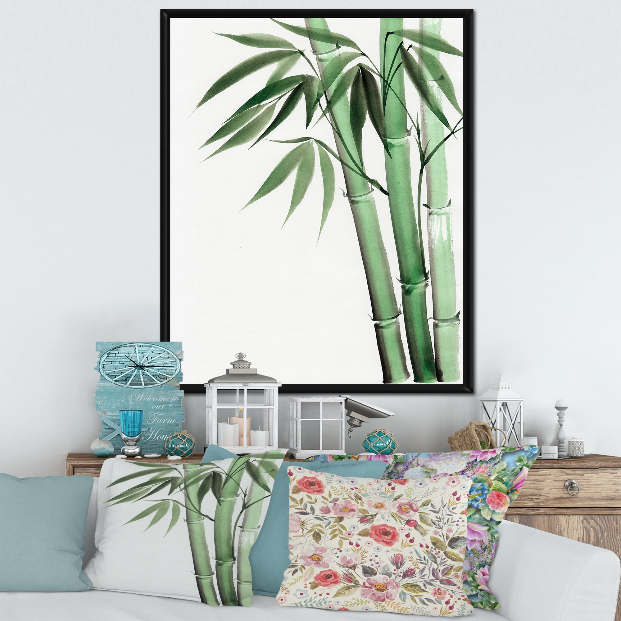 Palm Bamboo Detail On White II 24 in x 32 in Framed Painting Canvas Art Print, by Designart