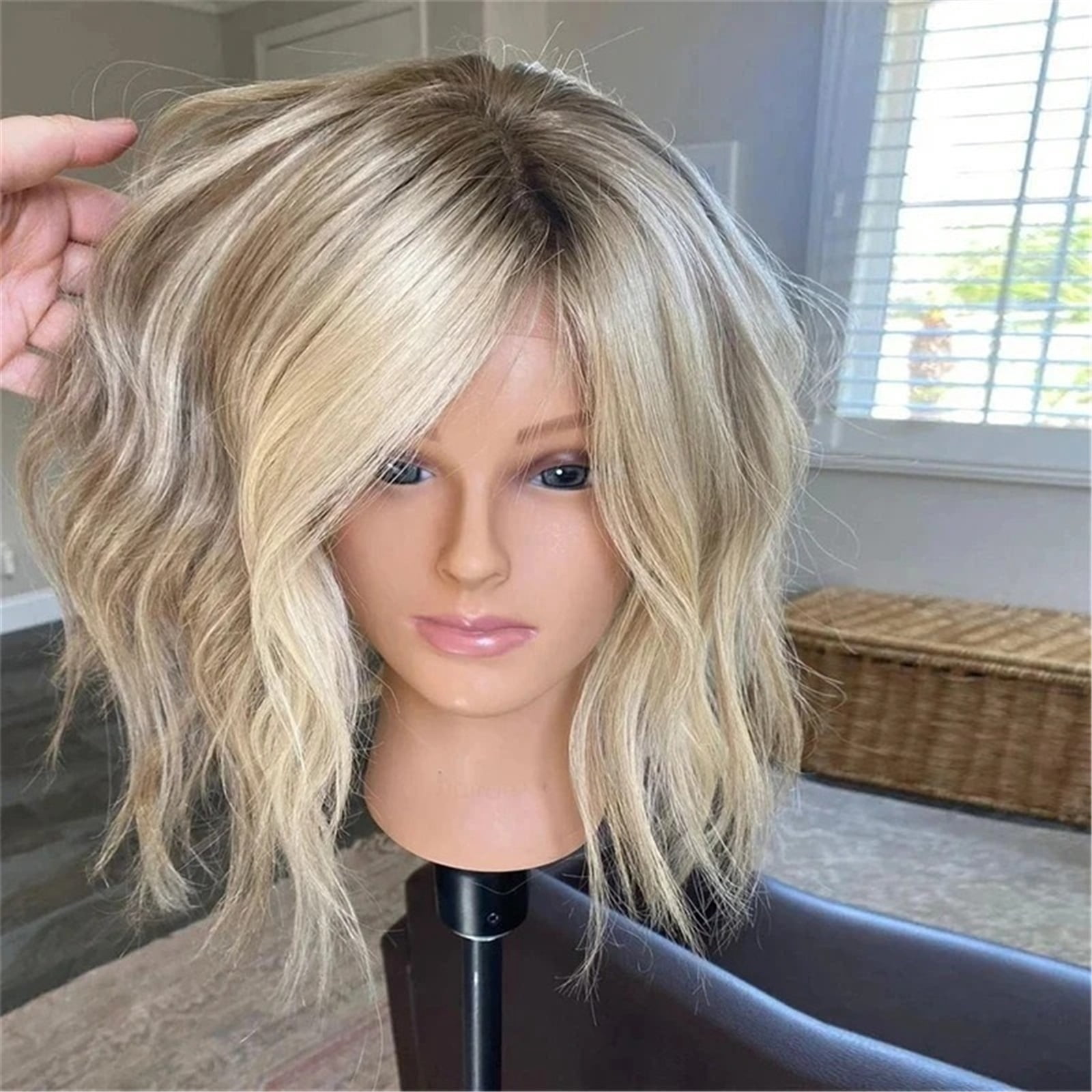 High Heat Fibre Ash Blonde Highlights HD Lace Wigs for Women 13x4 Glueless Short Bob Wavy Wig