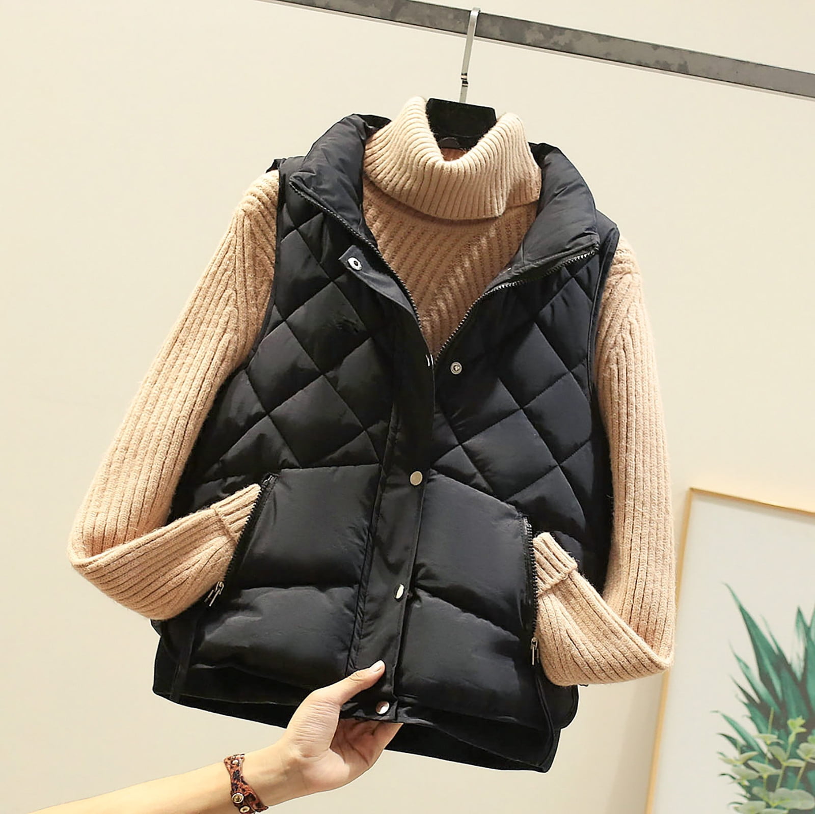 VSONTOR Outerwear Clearance Yay Women Pocket Vest Coat Short Jacket Winter Sleeveless Turn Down Collar Zipper Solid Outerwear Black XL, Adult Unisex