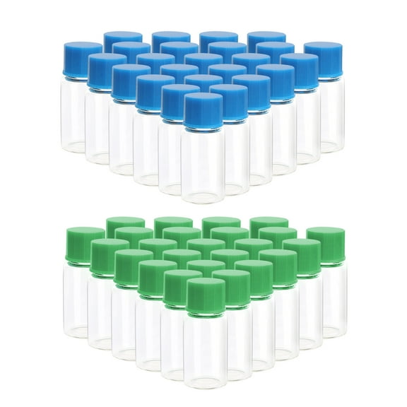 JIUWU Empty Glass Bottles Vials Capacity 5ml 0.17 Oz with Screwcap Rubber Stopper 22pcs Green and 22pcs Blue Cap