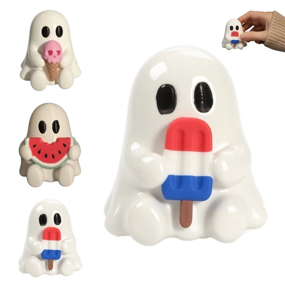 Halloween Cute Ghost Figurine with Red White Blue Popsicle, Spooky Mini Ghost Statue Tabletop Decor, Resin Ghost Desktop Ornament for Home Shelf Bookcase Mantel Halloween Party Decorations,1 Pcs