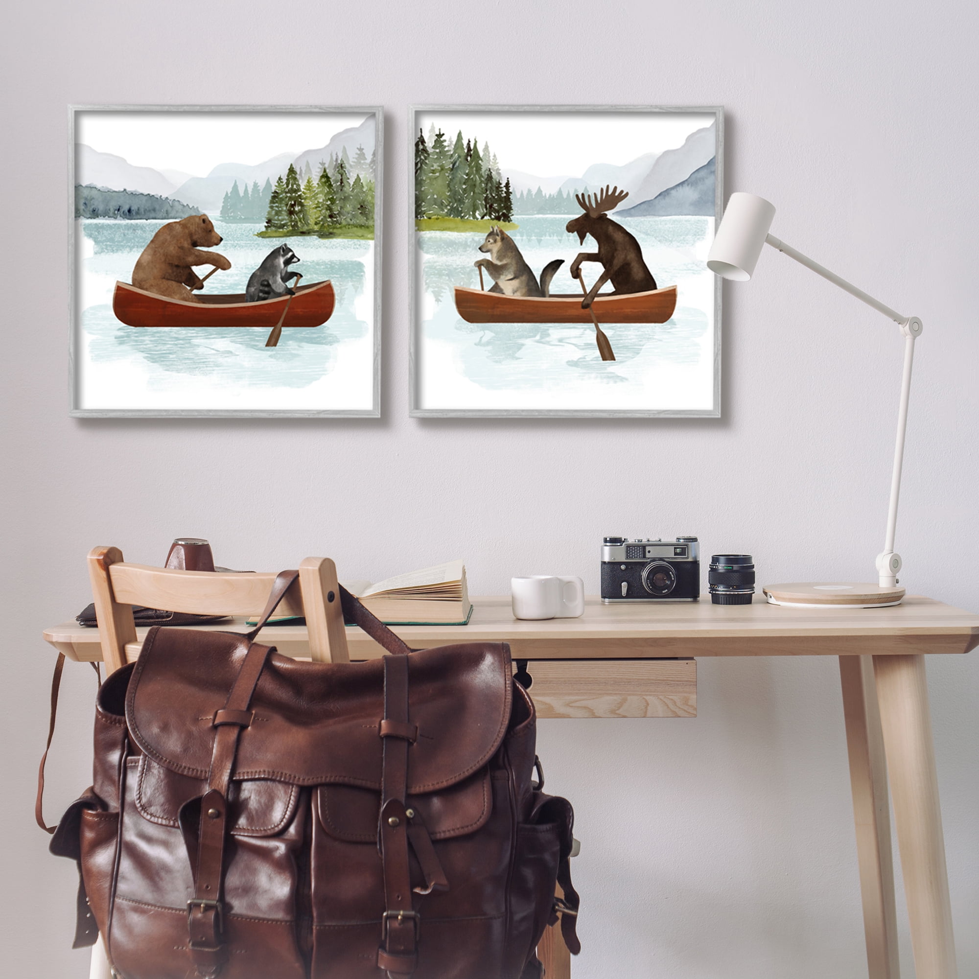 Stupell Industries Woodland Animals on Canoes Animals & Insects Painting Gray Framed Art Print Wall Art, 24 x 24, Set of 2